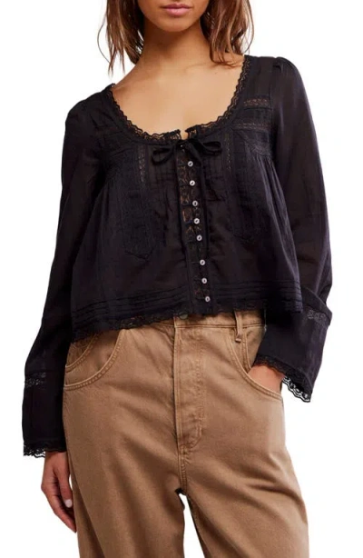 Free People Evermore Lace Inset Semisheer Cotton Top In Black