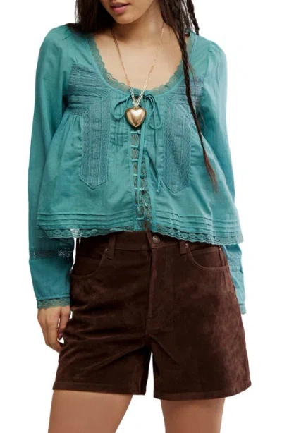Free People Evermore Lace Inset Semisheer Cotton Top In Blue