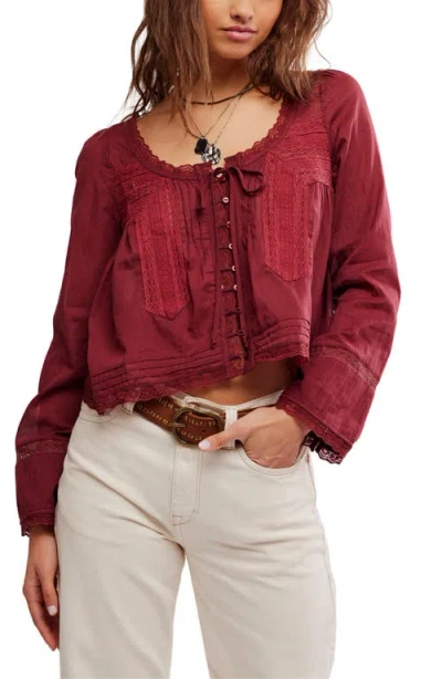 Free People Evermore Lace Inset Semisheer Cotton Top In Burgundy