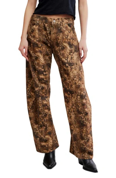 Free People Fable Snakeskin Print Low Rise Arced Wide Leg Jeans In Neutral