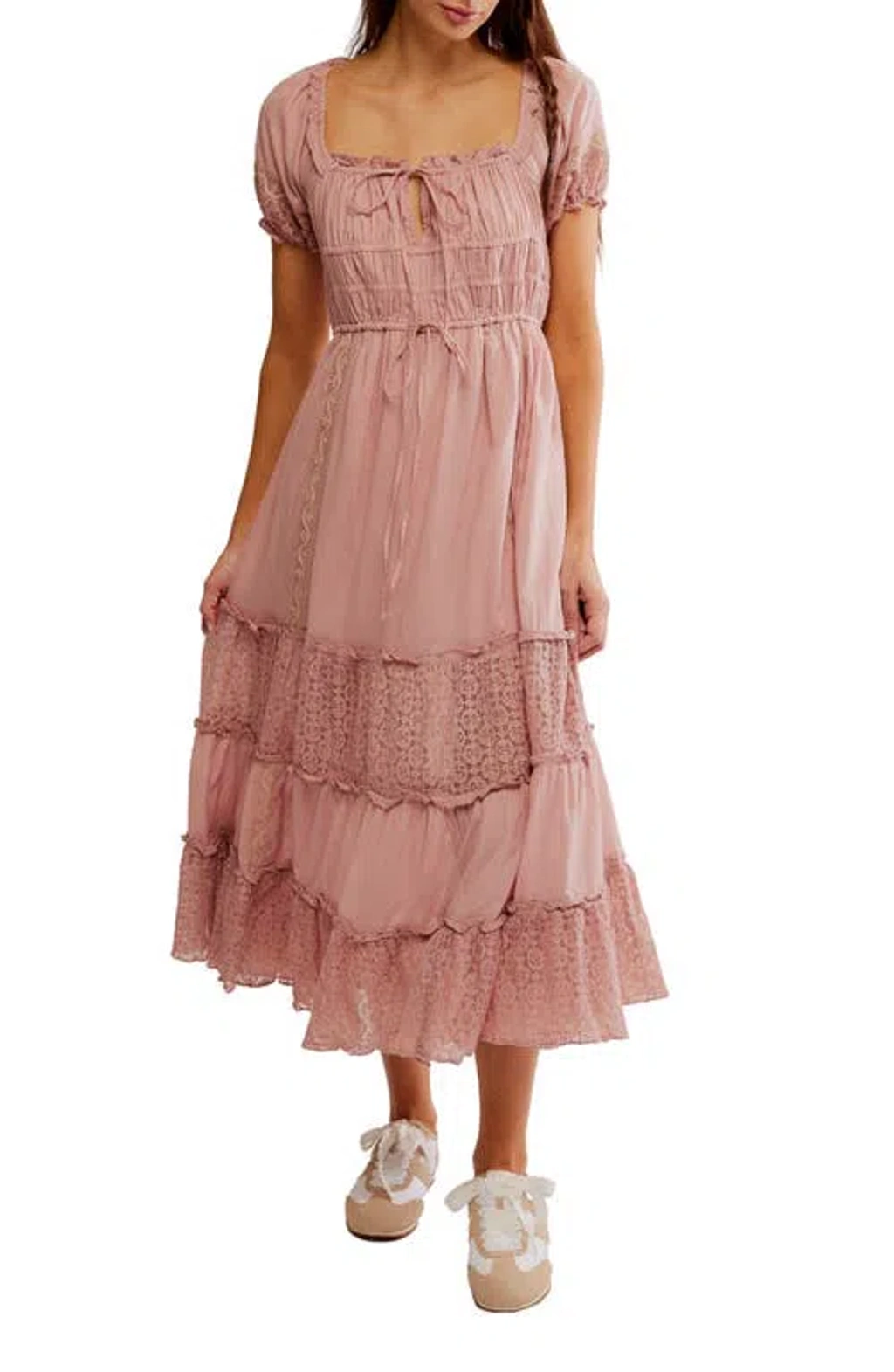 Falling Sun Puff Sleeve Midi Dress In Pale Mauve