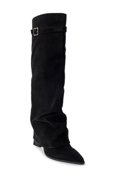 Free People Felicity Foldover Shaft Pointed Toe Knee High Boot In Black Suede
