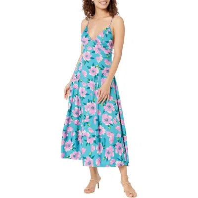 Free People Finer Things Midi Dress Women's Teal Combo Floral A-line Gbo804 In Blue