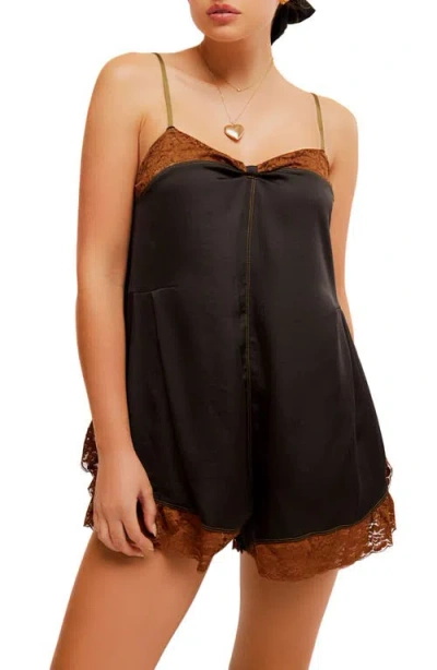 Free People First Date Lace Trim Romper In Black
