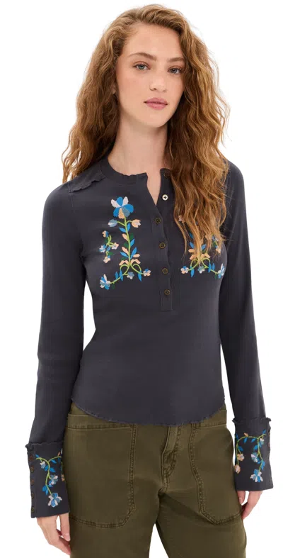Free People Fleur Embroidered Tee Graphite Combo In Blue