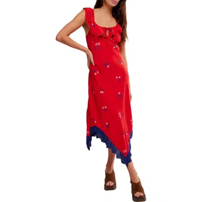 Free People Flock Together Floral Handkerchief Hem Midi Dress In Red
