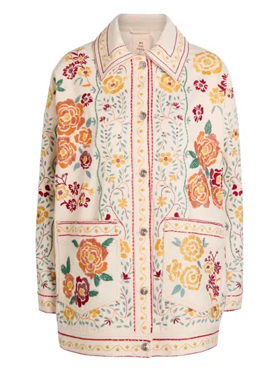 Free People Floral-embroidered Denim Jacket In Pink
