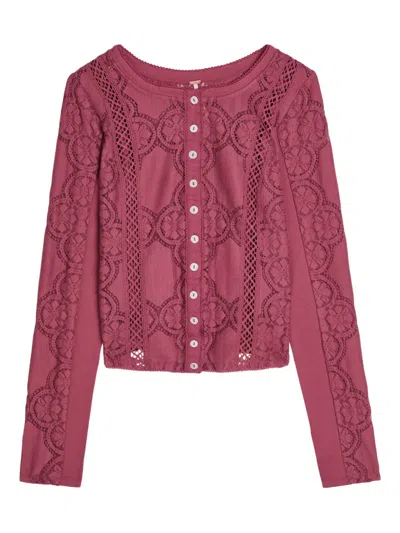 Free People Jae Lace Knit Long Sleeve Top In Crushed Berry In Multi