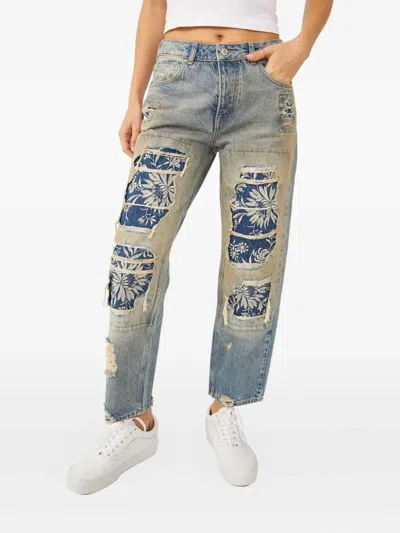 Free People Floral-print Distressed Jeans In Blue