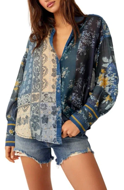 Free People Flower Patch Mixed Print Cotton Button-up Shirt In Blue