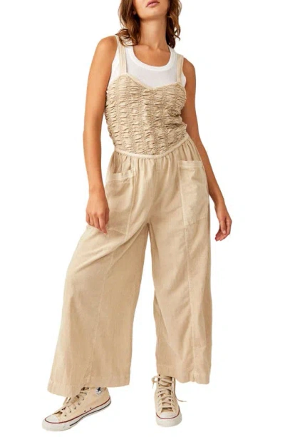 Free People Forever Always Cotton Wide Leg Jumpsuit In Bleached Sand
