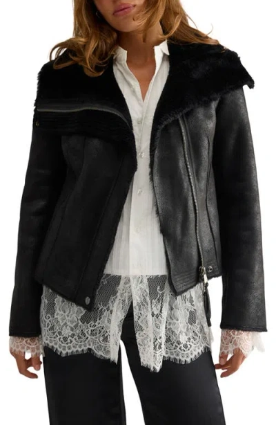 Free People Fourline Faux Leather Jacket With Faux Shearling Lining In Black