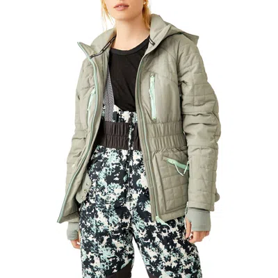 Free People Fp Movement All Prepped Quilted Waterproof Snow Jacket With Removable Hood In Greyed Olive