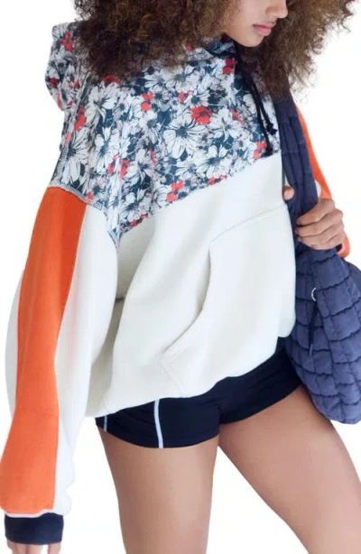 Free People Fp Movement Final Call Floral Colorblock Cotton Blend Hoodie In Scarlet Sport Black