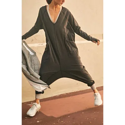 Free People Fp Movement Hot Shot Long Sleeve Stretch Cotton Jumpsuit In Black