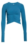 Free People Fp Movement Mile A Minute Ruched Long Sleeve Crop T-shirt In Blue
