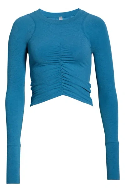 Free People Fp Movement Mile A Minute Ruched Long Sleeve Crop T-shirt In Blue