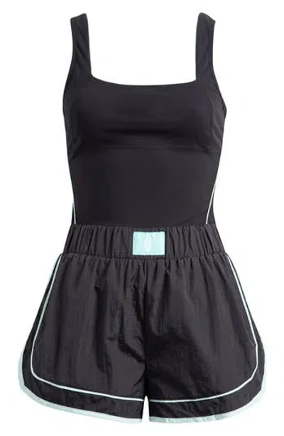 Free People Fp Movement Varsity Blues Mixed Media Romper In Black Combo