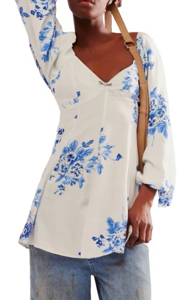 Free People Francesca Floral Print Long Sleeve Minidress In Tonal Blue