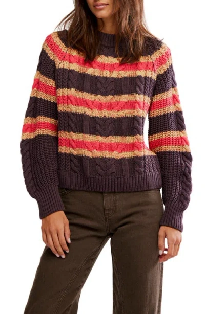 Free People Frankie Cable Striped Pullover Chocolate Combo In Brown