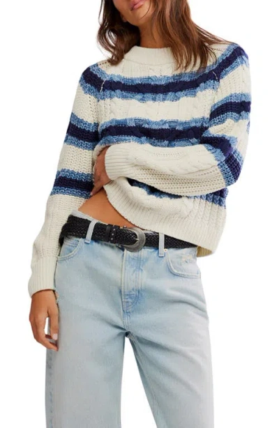 Free People Frankie Stripe Cable Stitch Cotton Sweater In Neutral
