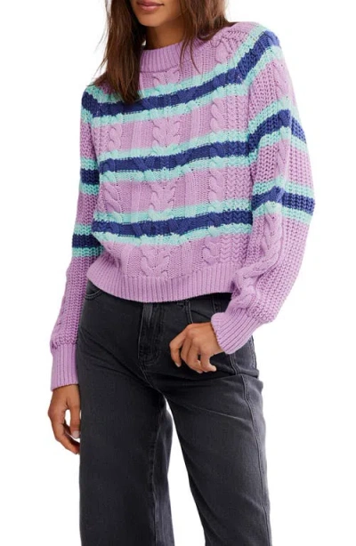 Free People Frankie Stripe Cable Stitch Cotton Sweater In Purple