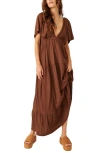 Free People Free-est La La Tiered Flutter Sleeve Maxi Dress In Fondue Fudge