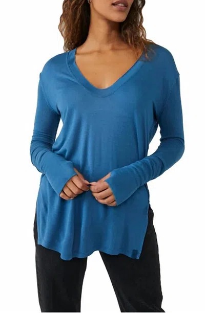 Free People Fresh & Clean Split Hem Top In Navy Patina In Multi