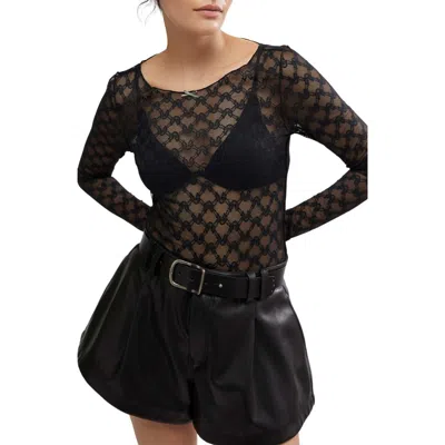 Free People From Me To You Long Sleeve Sheer Lace T-shirt In Black