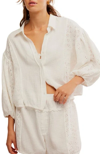 Free People Full Bloom Eyelet Detail Cotton Button-up Shirt In Ivory