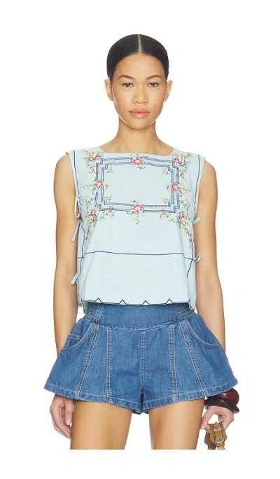 Free People Garden Wall Embroidered Crop Cotton Top In Blue