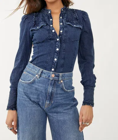 Free People Going Somewhere Longsleeve Blouse In Stormy Navy In Blue