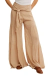 Free People Good Day Tie Waist Wide Leg Pants In Nude