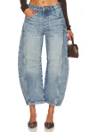 Free People Good Luck Mid Rise Barrel Jean In Ultra Light Beam In Blue