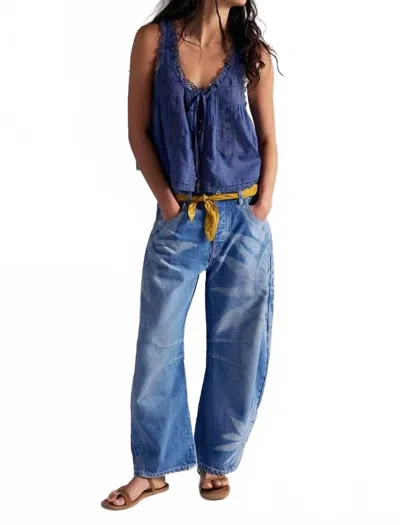Free People Good Luck Printed Barrel Jeans In Sun Fade In Blue