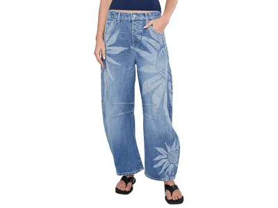 Free People Good Luck Printed Barrel Jean In Blue