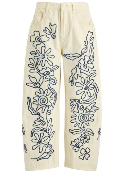 Free People Good Luck Soutache Cropped Barrel-leg Jeans In Ivory