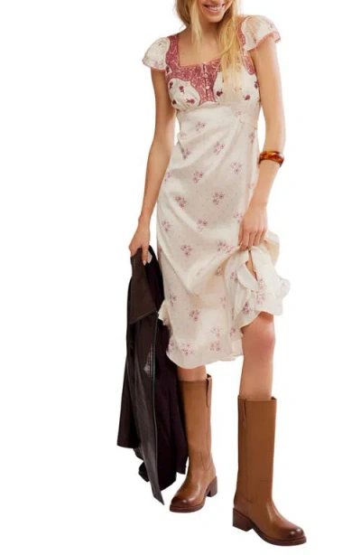 Free People Haven Embroidered Lace Trim Satin Midi Dress In White