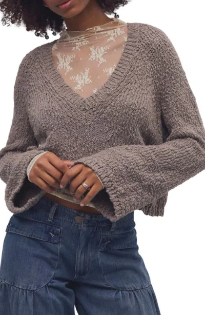 Free People Heartland Cotton V Neck Sweater In Brown