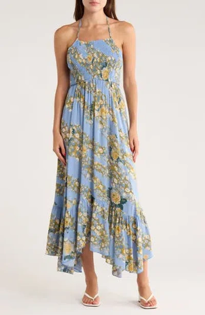 Free People Heat Wave Floral Print High/low Dress In Blue