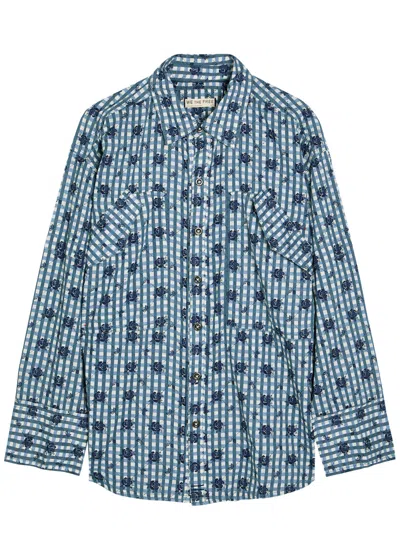 Free People Hidden Flower Camo Checked Cotton Shirt In Blue