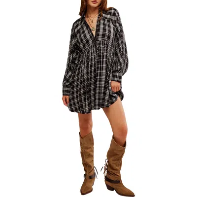 Free People Hoffman Plaid Long Sleeve Mini Shirtdress In Black Combo