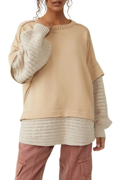 Free People Holly Oversize Mixed Media Jumper In Beige Semolina Combo