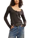 Free People Ruched Sleeve Pointelle Henley Top In Black
