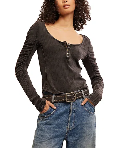 Free People Ruched Sleeve Pointelle Henley Top In Black