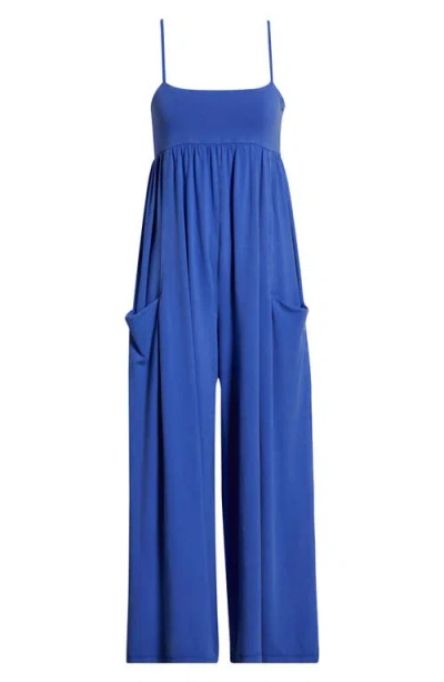 Free People Hot Shot Strappy Stretch Cotton Jumpsuit In Blue