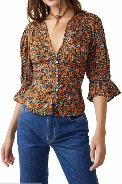 Free People I Found You Floral Print Button Front Blouse In Navy In Multi