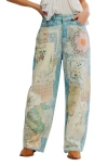 Free People Illusions Patchwork Barrel Leg Jeans In Blue