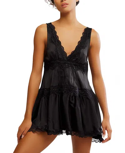 Free People Lace Trim Satin Mini Slipdress In Black