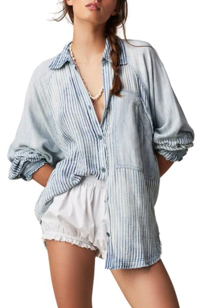 Free People Indigo Skies Stripe Oversize Button-up Shirt In Blue